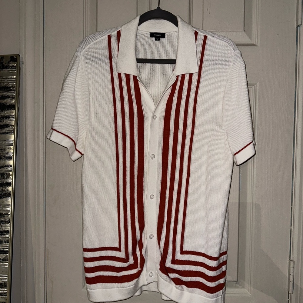 Express White and Red Casual Button Down Shirt